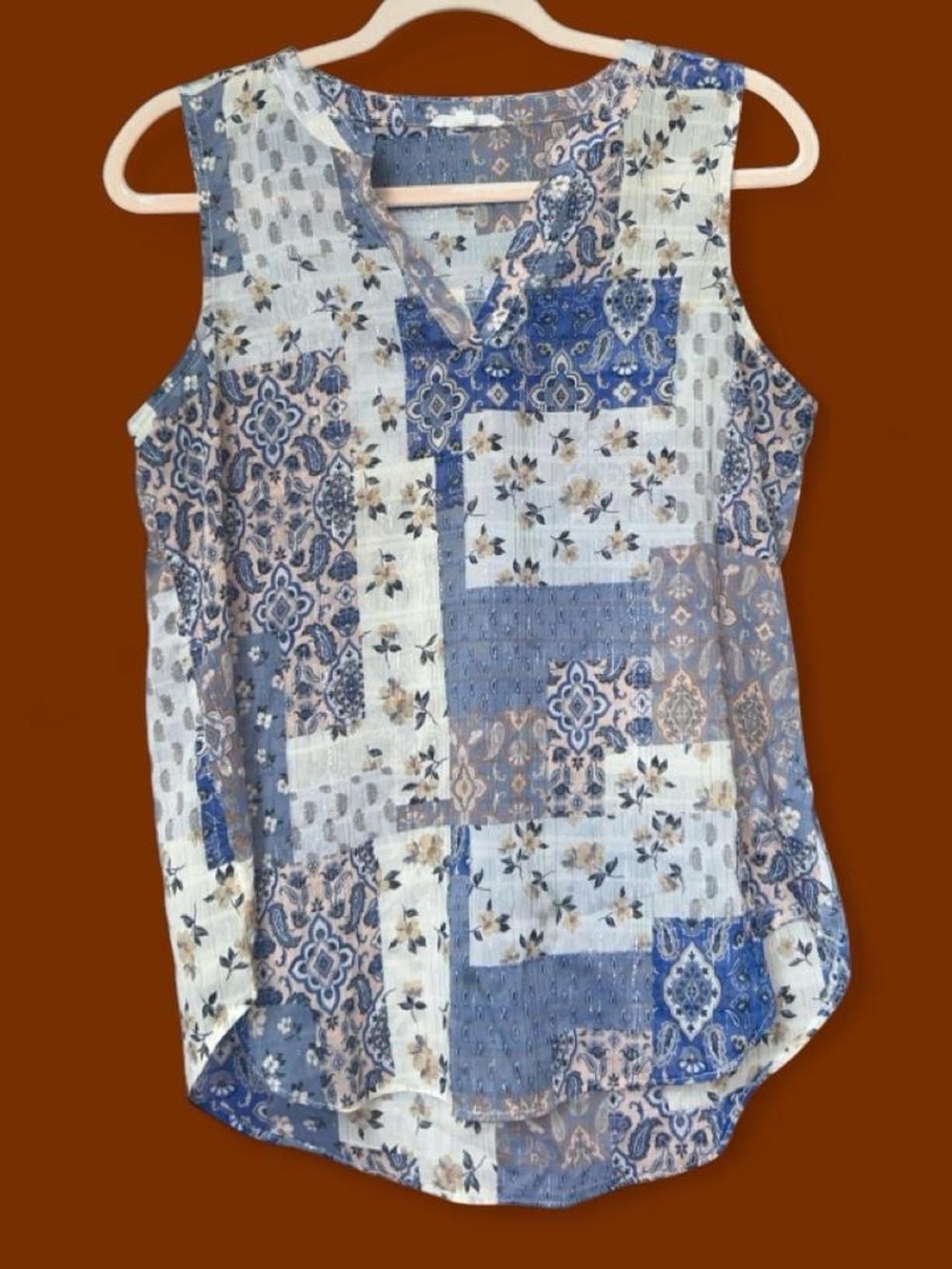 Maurices Blue Patchwork Print V-Neck Sleeveless Top